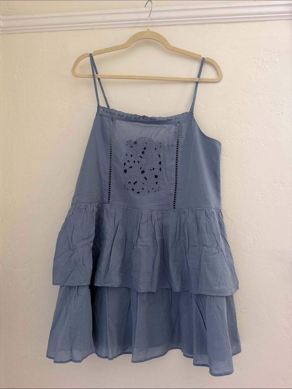Blue Tiered Eyelet Spaghetti Strap Dress